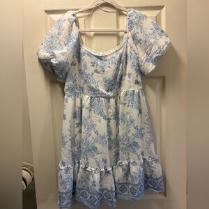 Blu Pepper Puff Sleeve Blue Floral Toile Dress